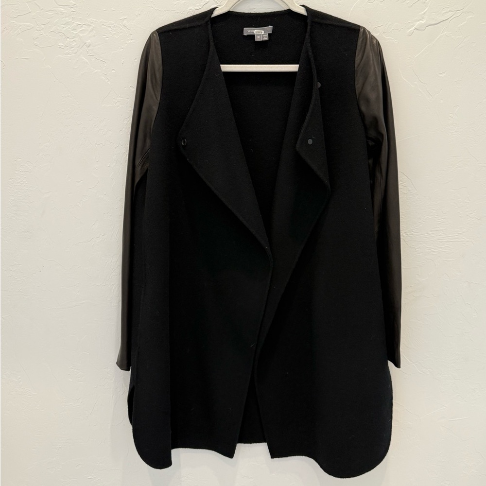 Vince Black Wool Coat with Leather Sleeves